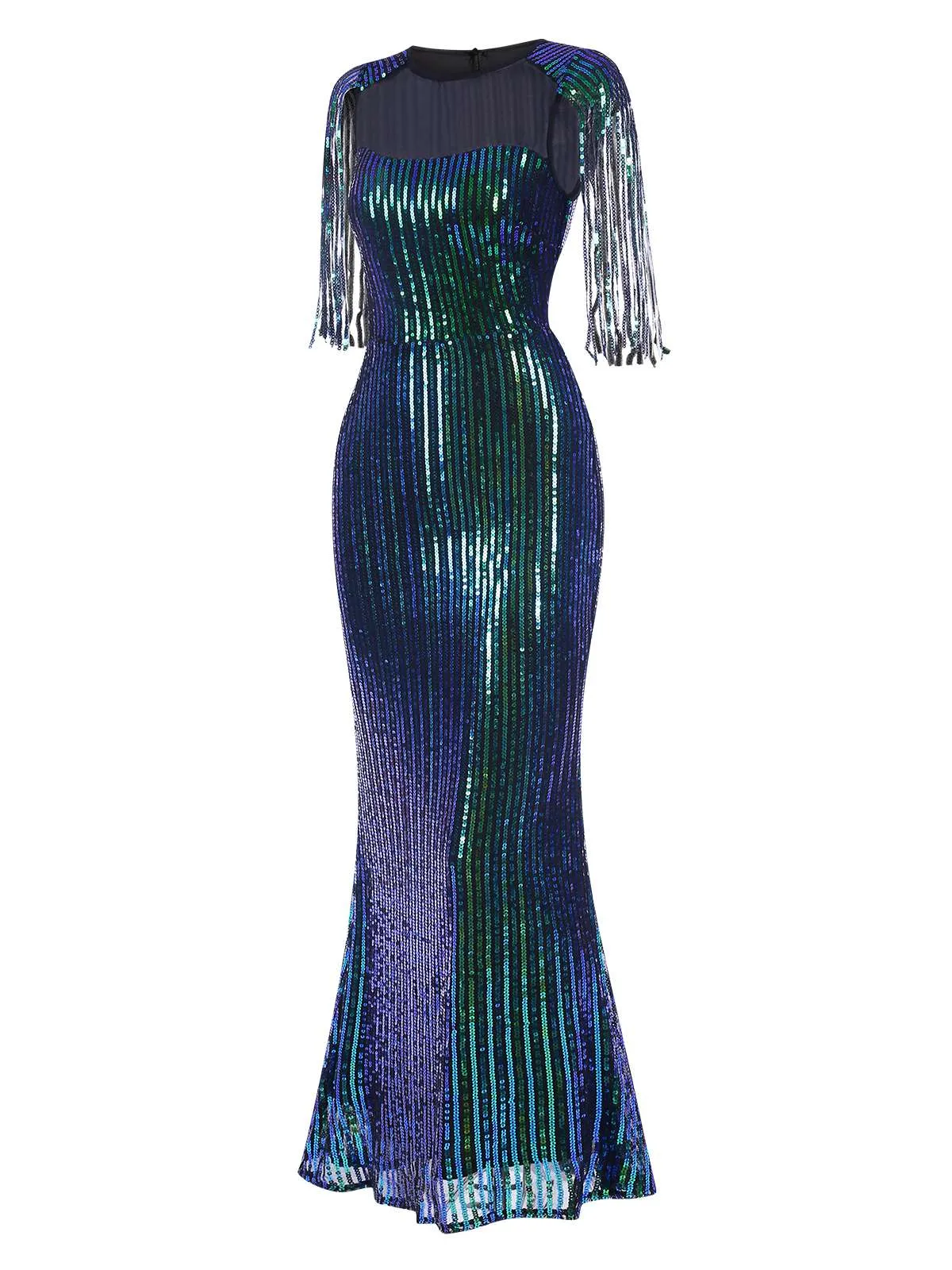 1930s Sequined Tassels Mesh Patchwork Dress