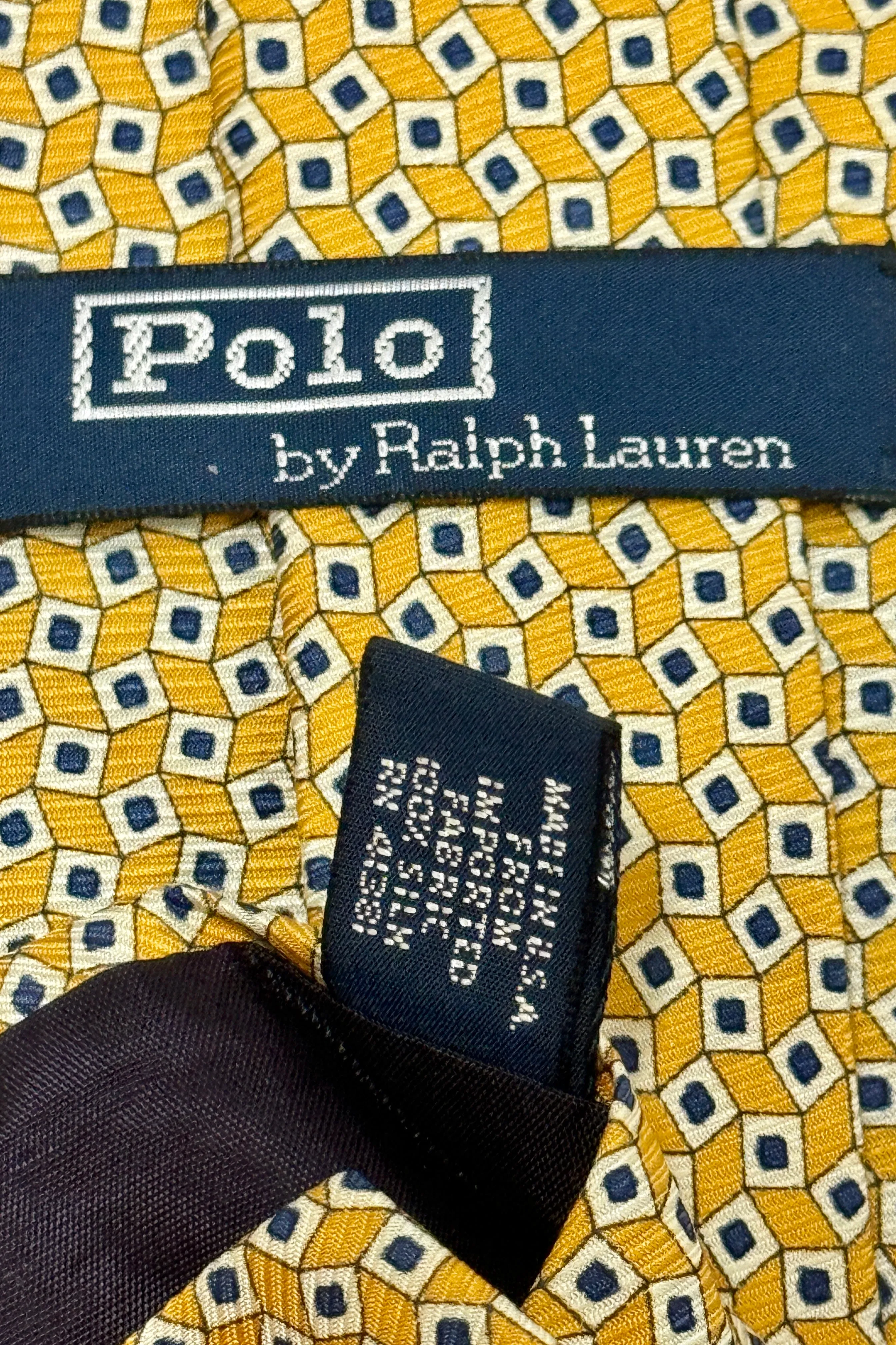 1990’S POLO RALPH LAUREN MADE IN USA PRINTED SQUARES YELLOW SILK HANDMADE NECK TIE