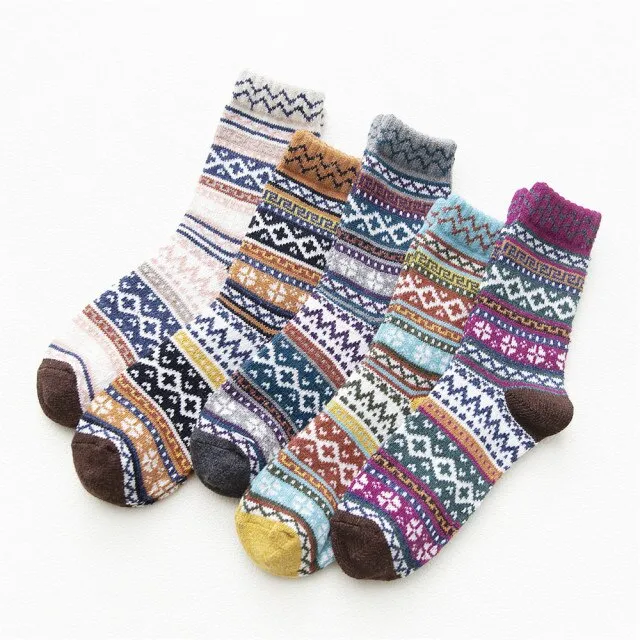 5 Pairs Women Winter Socks Vintage Patchwork Rabbit Wool Cotton Socks