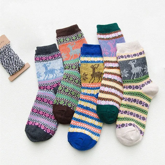 5 Pairs Women Winter Socks Vintage Patchwork Rabbit Wool Cotton Socks