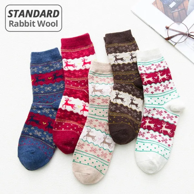 5 Pairs Women Winter Socks Vintage Patchwork Rabbit Wool Cotton Socks