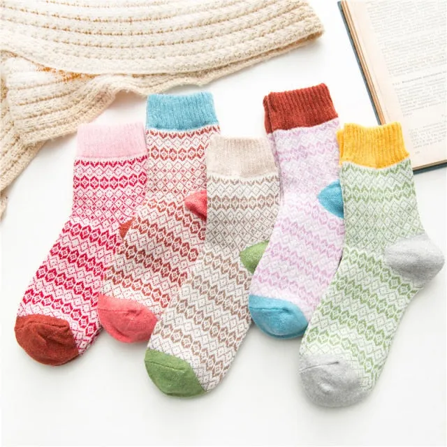 5 Pairs Women Winter Socks Vintage Patchwork Rabbit Wool Cotton Socks