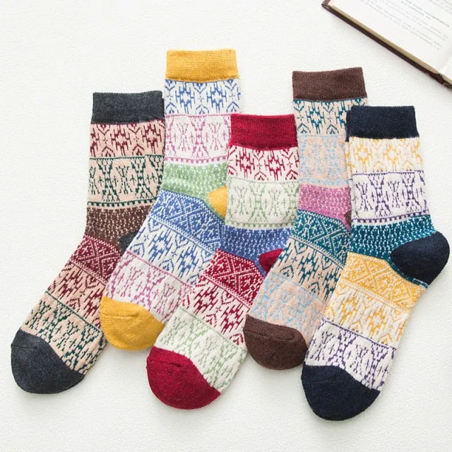 5 Pairs Women Winter Socks Vintage Patchwork Rabbit Wool Cotton Socks