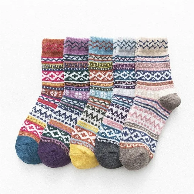 5 Pairs Women Winter Socks Vintage Patchwork Rabbit Wool Cotton Socks