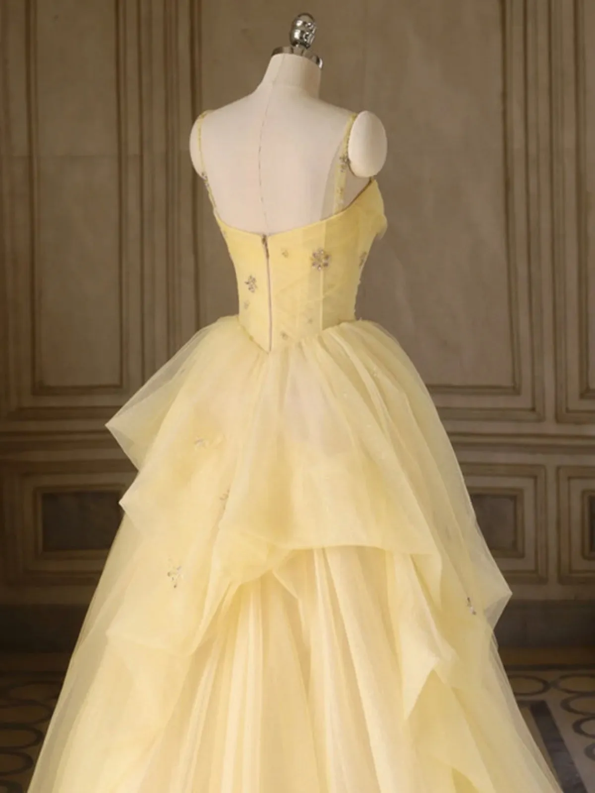 A Line Spaghetti Straps Layered Yellow Long Prom Dresses, Yellow Tulle Formal Evening Dresses, Ball Gown SP2678