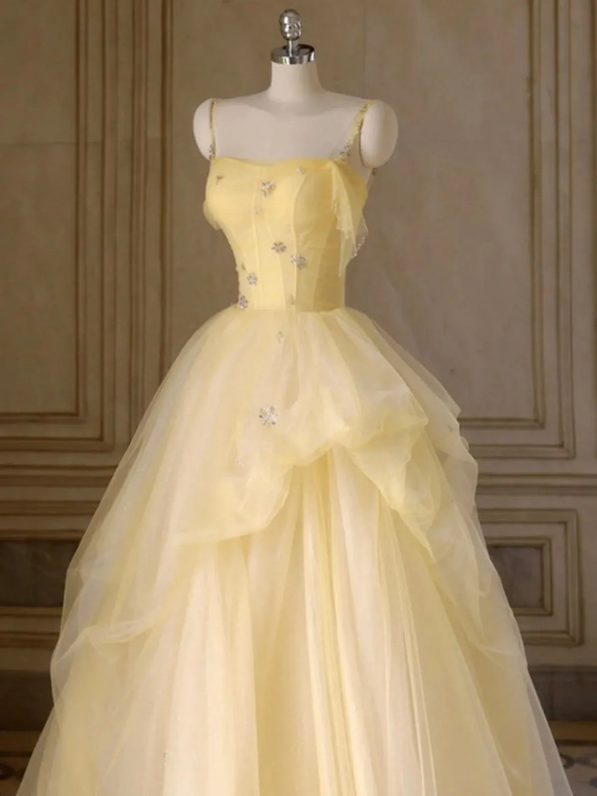 A Line Spaghetti Straps Layered Yellow Long Prom Dresses, Yellow Tulle Formal Evening Dresses, Ball Gown SP2678