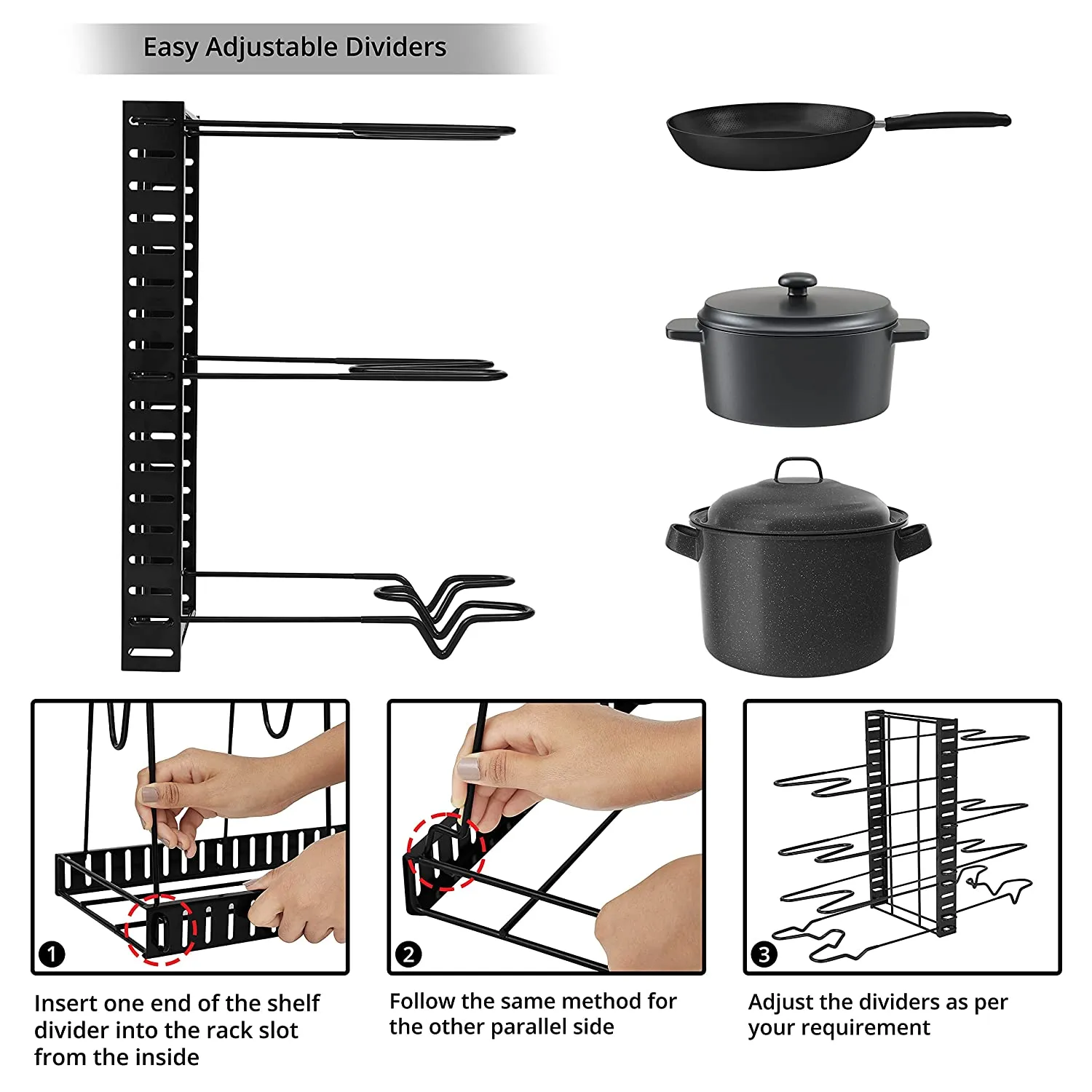 ABOUT SPACE Pan & Pot Organizer Rack Stand -8 Layers Heavy Duty Cast Iron (38 X 20.5 X28 Cm) Black