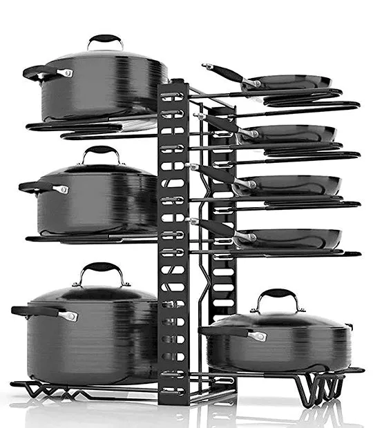 ABOUT SPACE Pan & Pot Organizer Rack Stand -8 Layers Heavy Duty Cast Iron (38 X 20.5 X28 Cm) Black