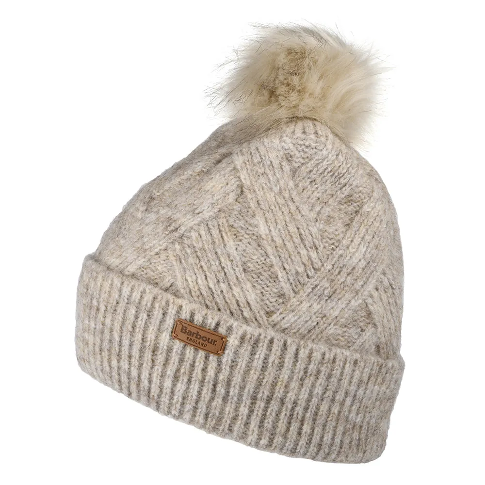 Barbour Hats Dace Cable Knit Faux Fur Pom Bobble Hat - Sand