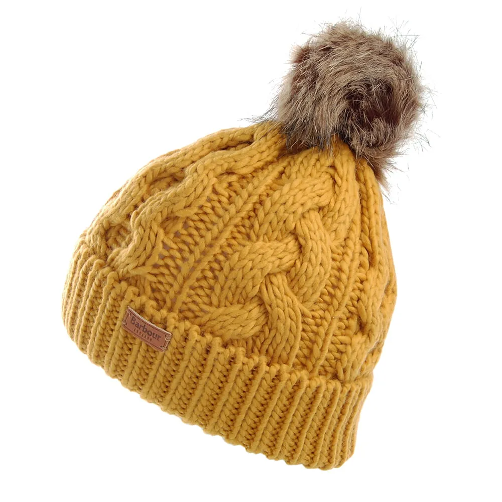 Barbour Hats Penshaw Cable Knit Faux Fur Pom Bobble Hat - Mustard