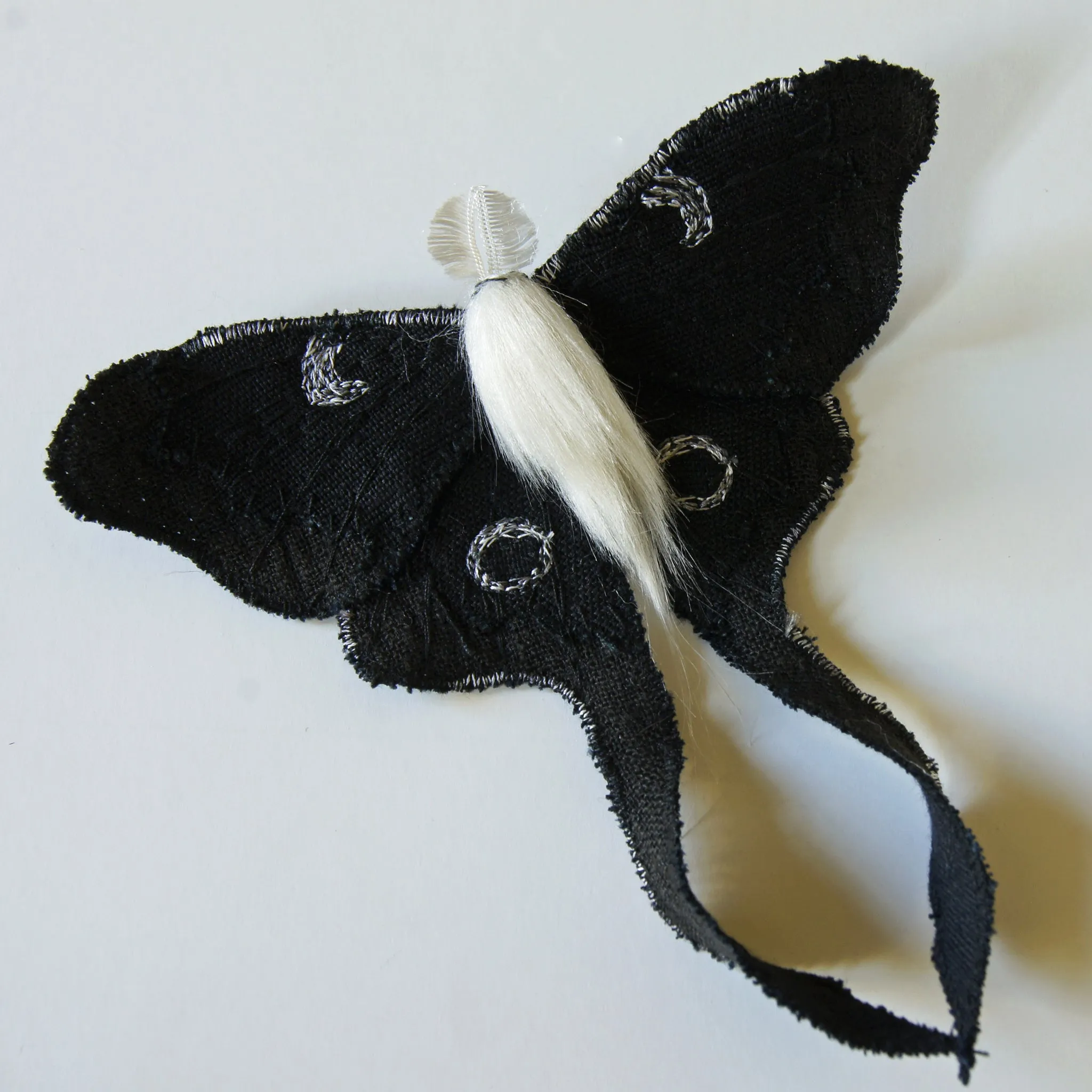 Black & White Luna Moth Fiber Art Brooch Collaboration with Nuit Clothing Atelier