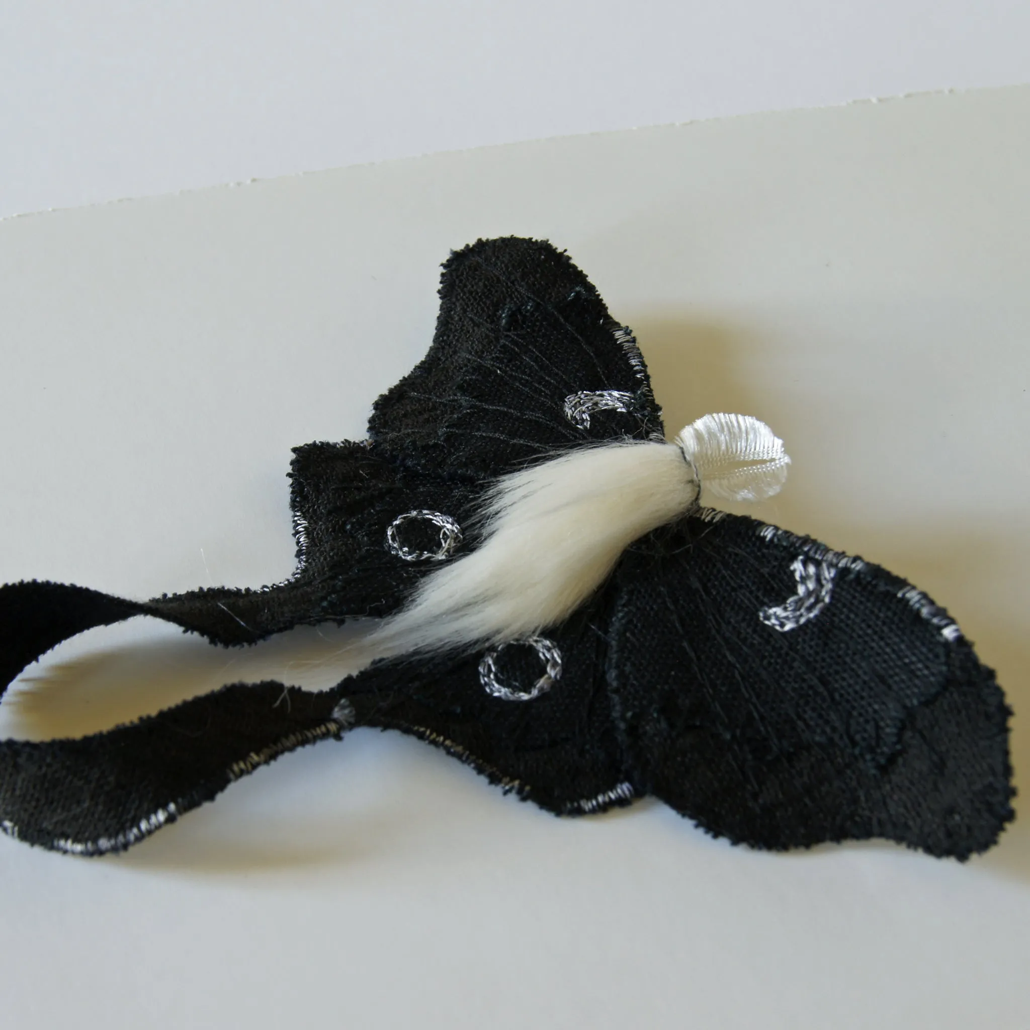 Black & White Luna Moth Fiber Art Brooch Collaboration with Nuit Clothing Atelier