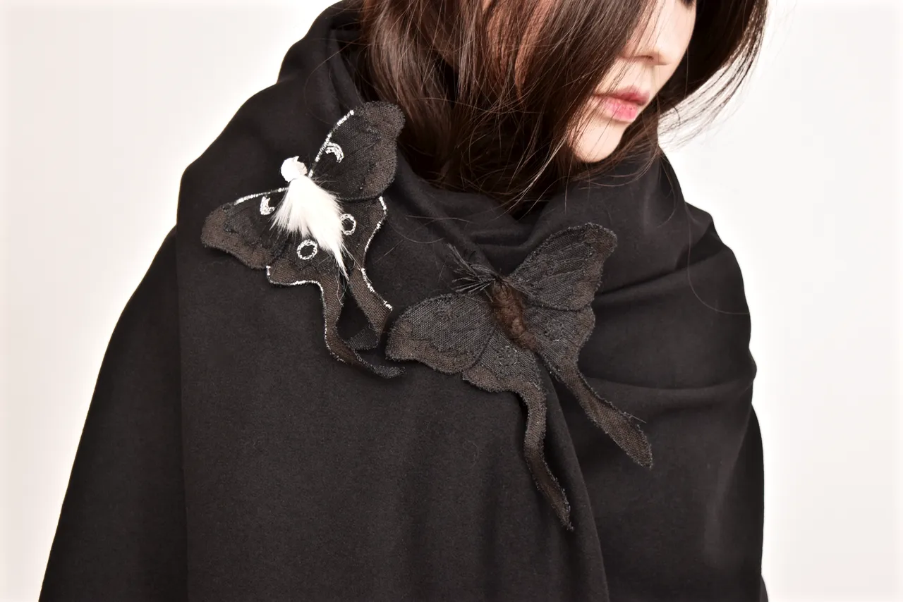 Black & White Luna Moth Fiber Art Brooch Collaboration with Nuit Clothing Atelier