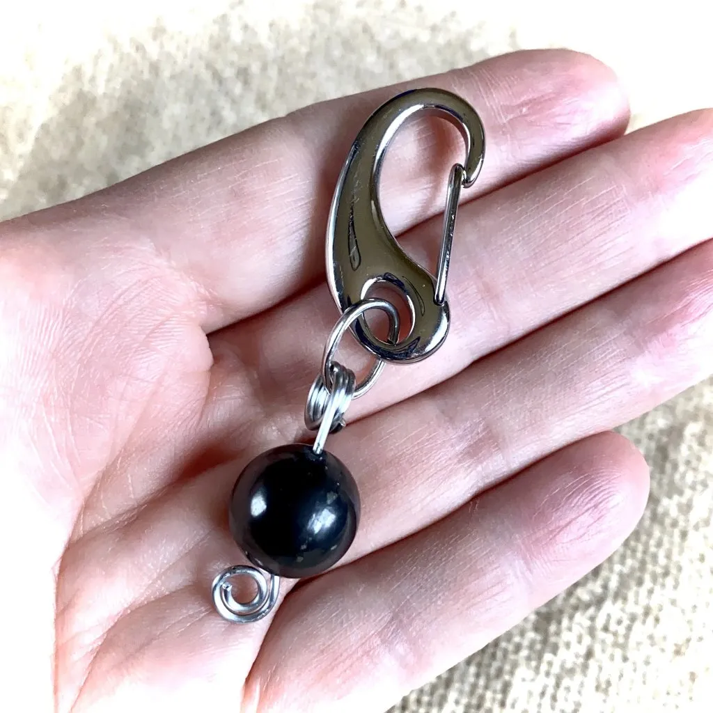 Black Shungite Bead Clip-On, Sturdy Stainless Steel Carabiner Clip