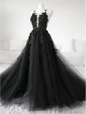 Black Tulle Lace Appliques Long Prom, Black Lace Formal, Black Evening