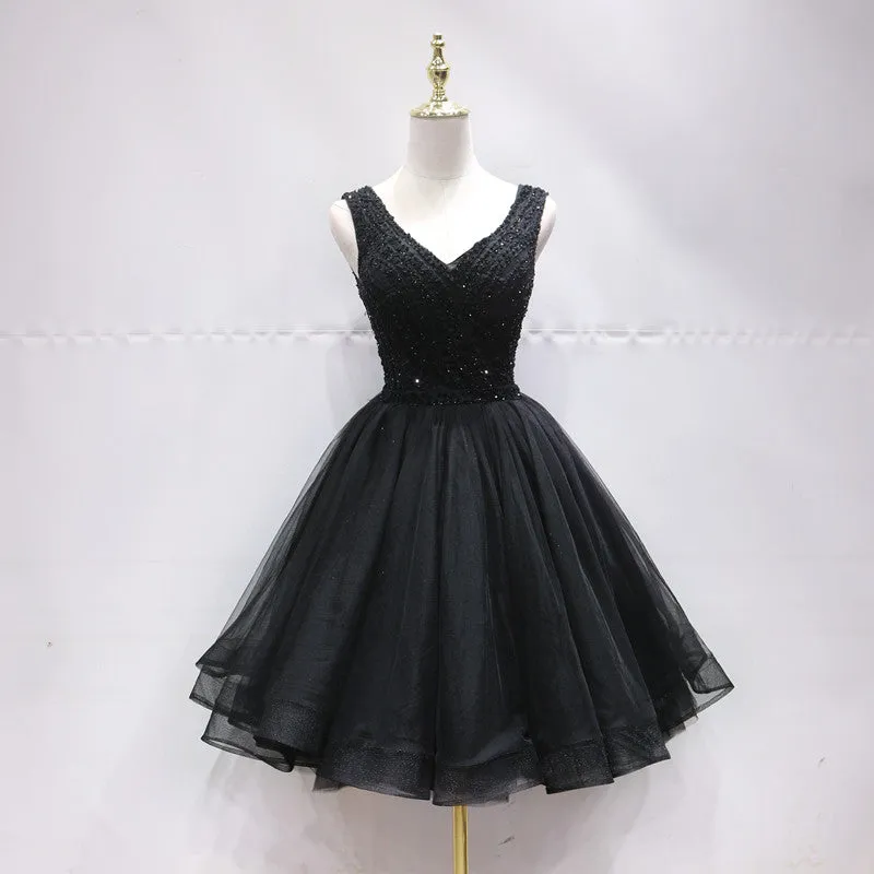 Black Tulle V Back Beaded Knee Length Homecoming Dress, Black Short Party Dress