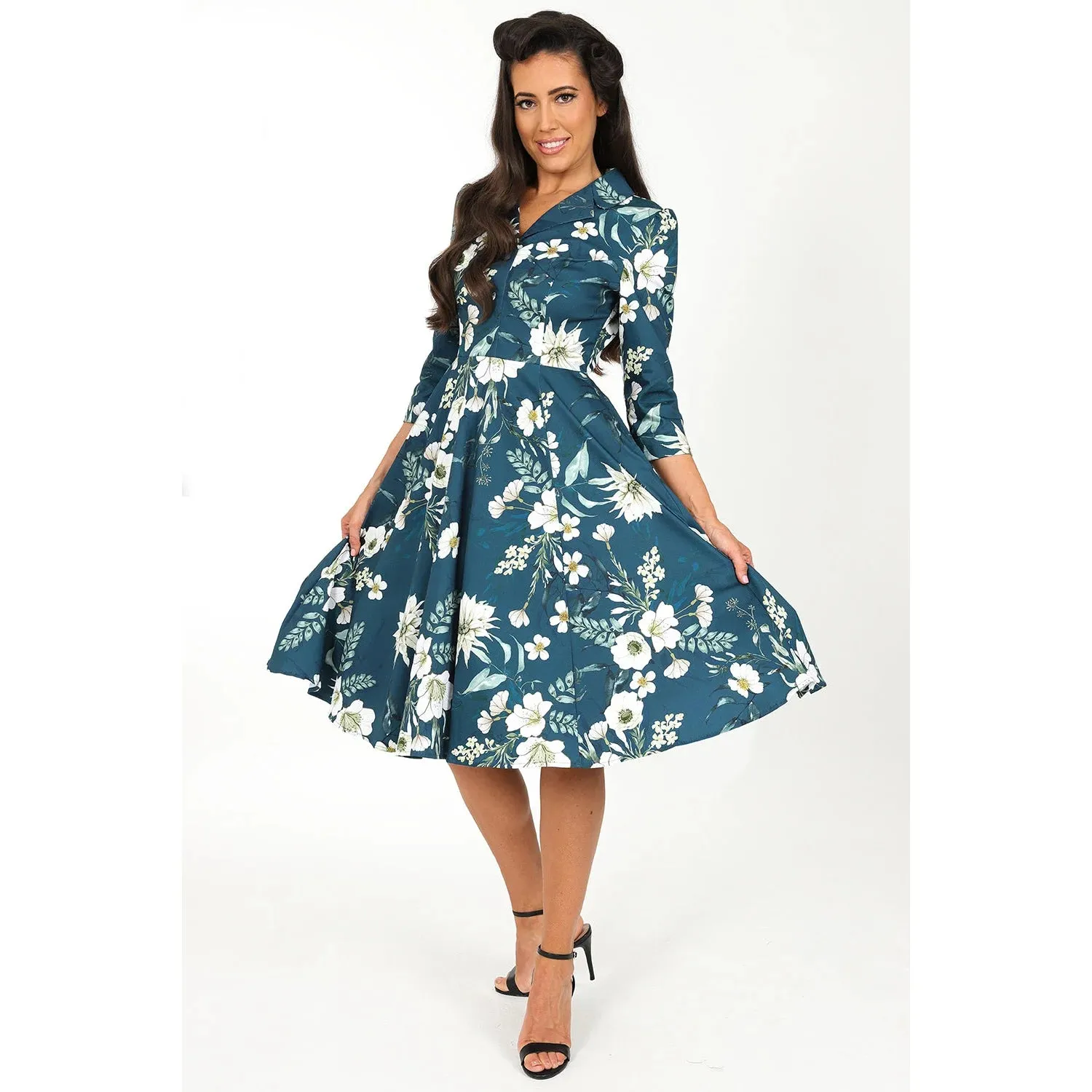 Blue Floral Print 3/4 Sleeve Collared 50s Swing Tea Dress With Pockets