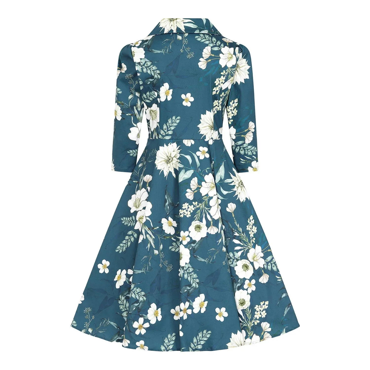 Blue Floral Print 3/4 Sleeve Collared 50s Swing Tea Dress With Pockets