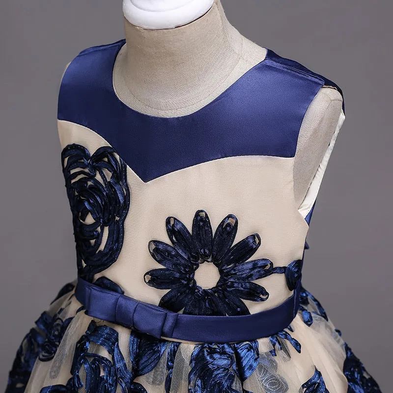 Blue Flower Party Dress, Size 3-10 Yrs