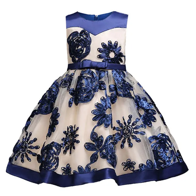 Blue Flower Party Dress, Size 3-10 Yrs