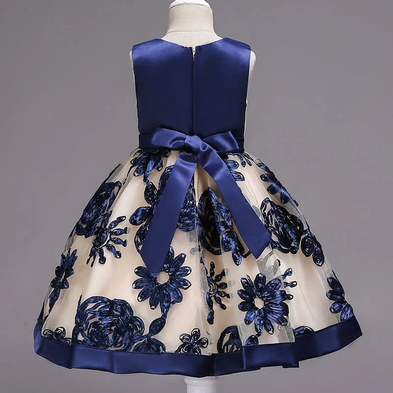 Blue Flower Party Dress, Size 3-10 Yrs