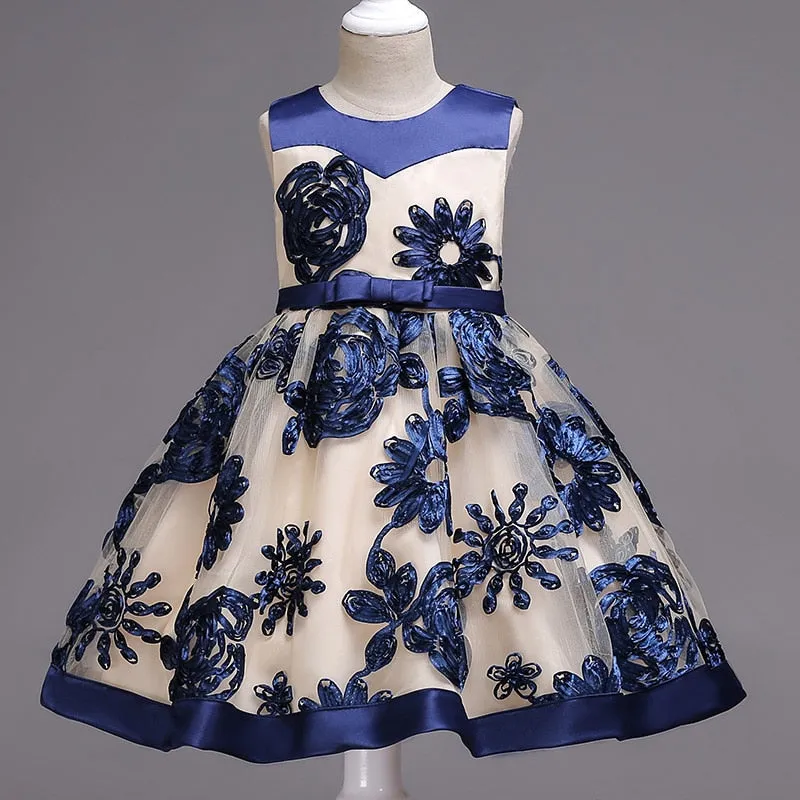 Blue Flower Party Dress, Size 3-10 Yrs