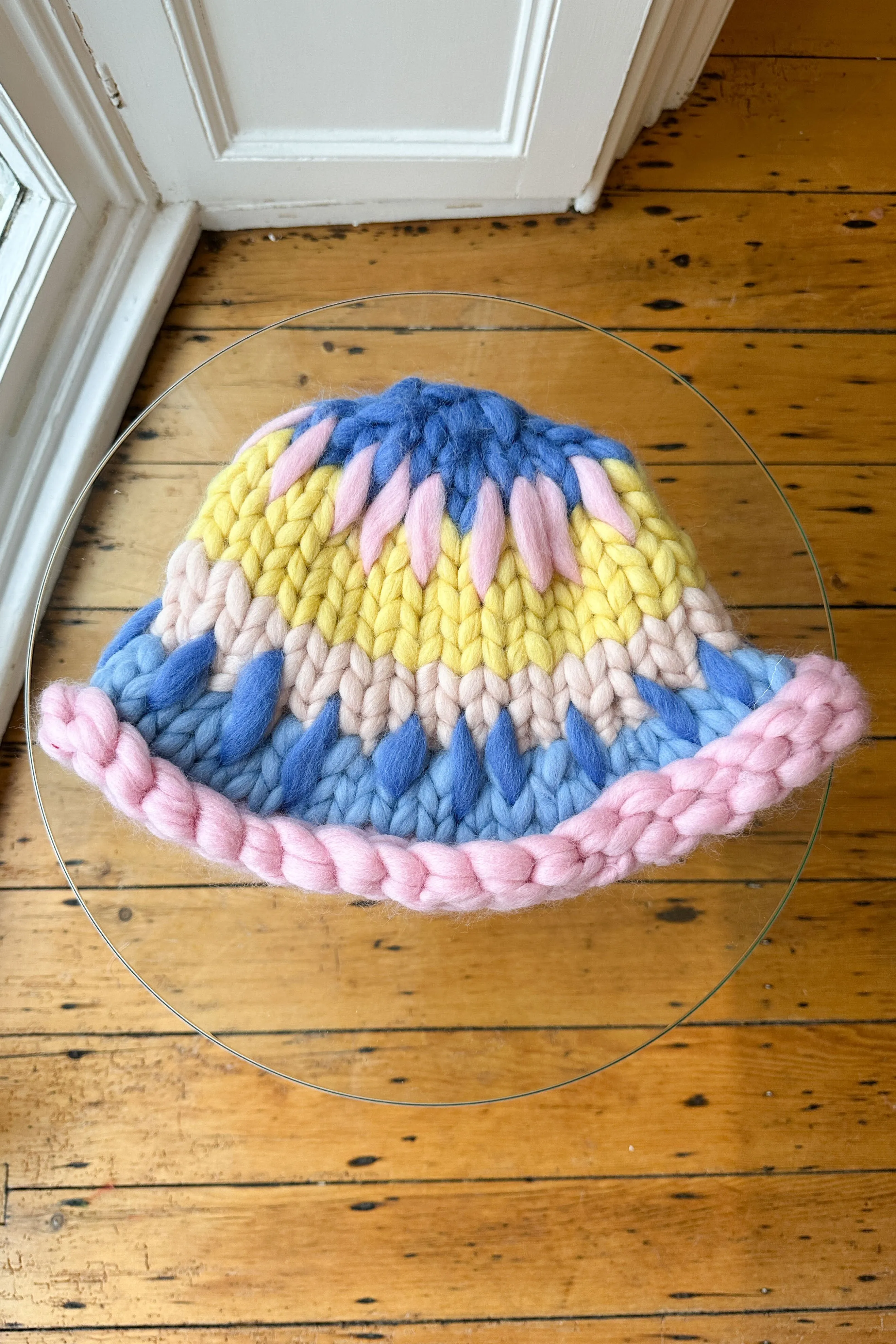 Blue, Pink and Yellow Patchwork Colossal Knit Mushroom Hat (Sample)