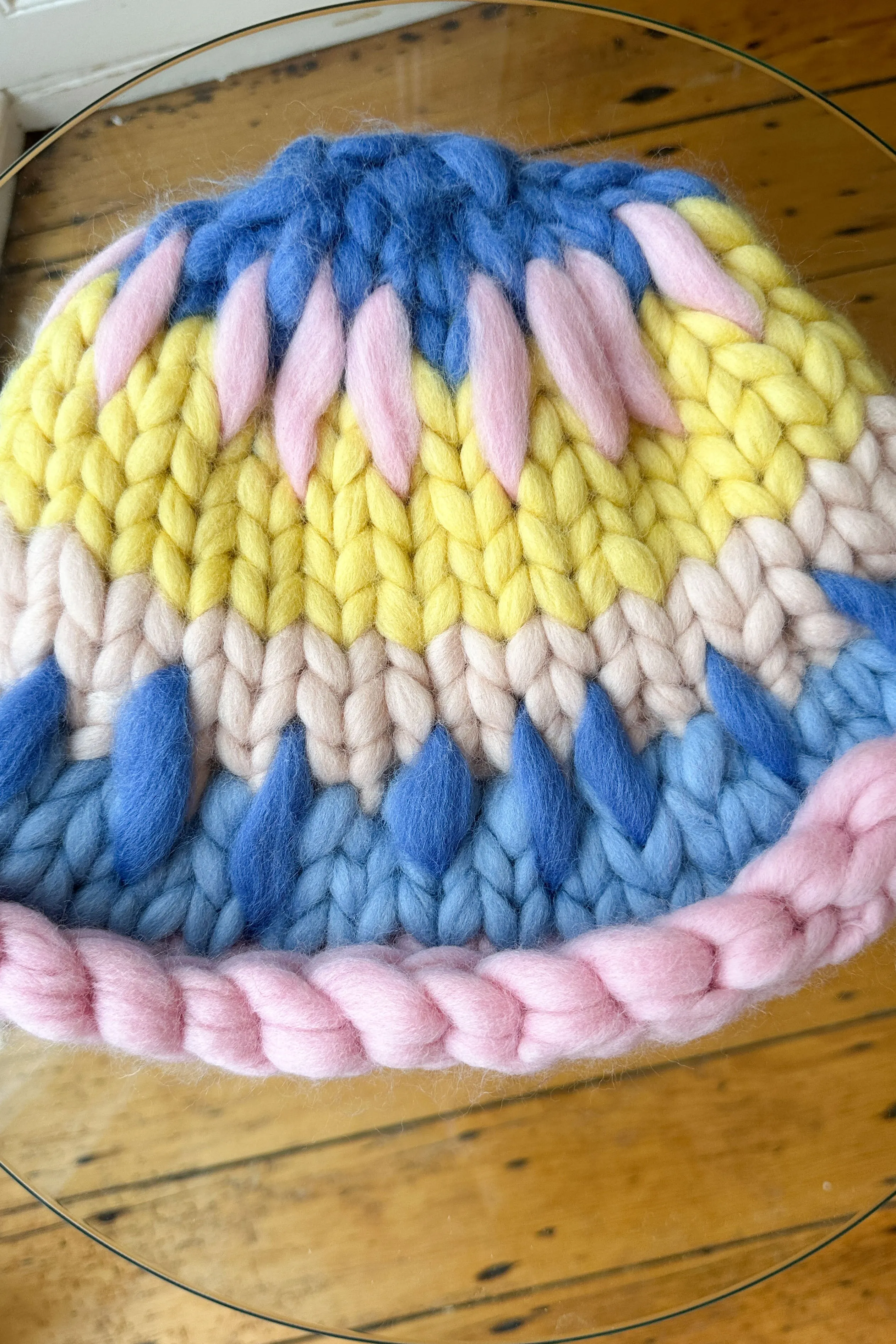 Blue, Pink and Yellow Patchwork Colossal Knit Mushroom Hat (Sample)