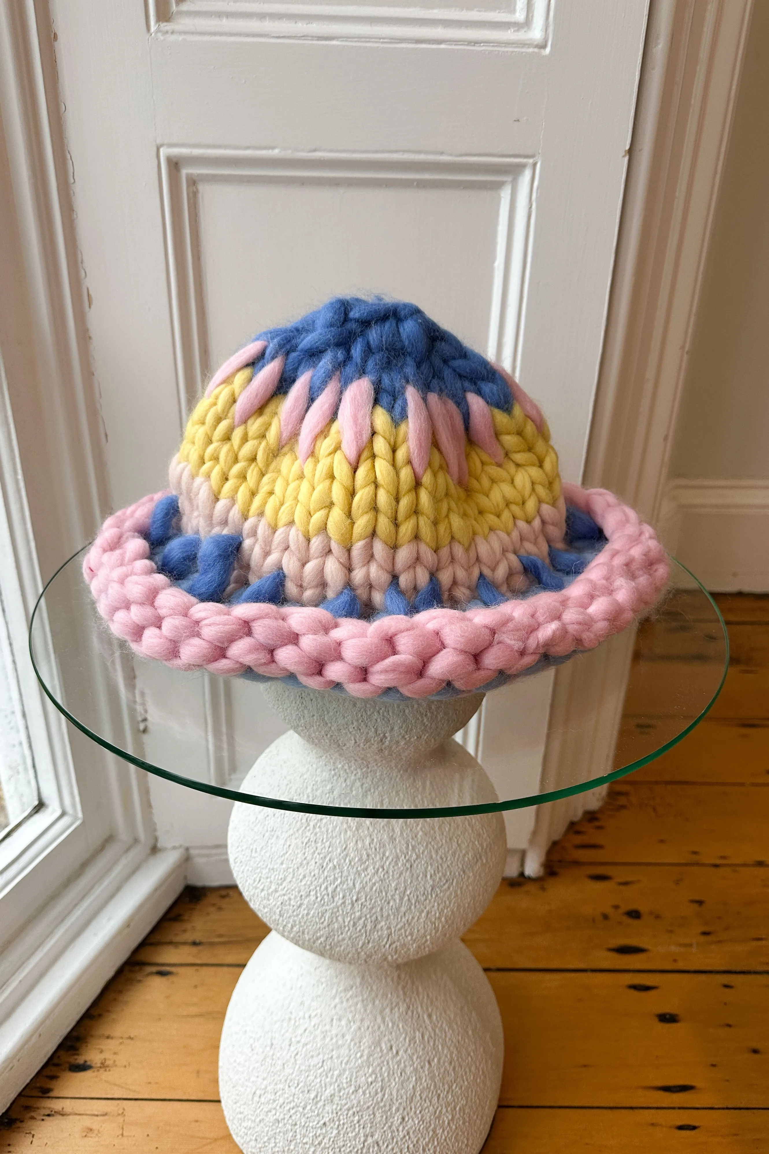 Blue, Pink and Yellow Patchwork Colossal Knit Mushroom Hat (Sample)