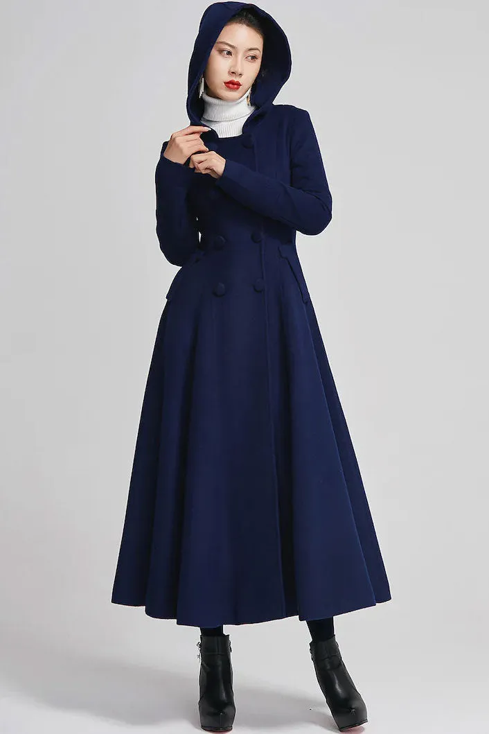 blue winter wool coat for women with double breasted 2250