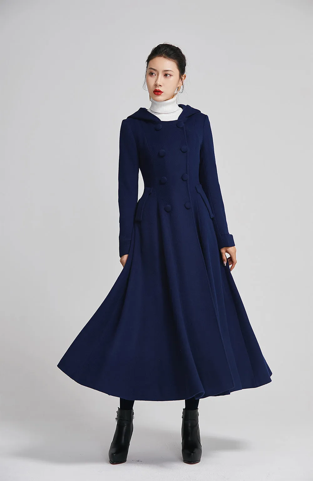 blue winter wool coat for women with double breasted 2250