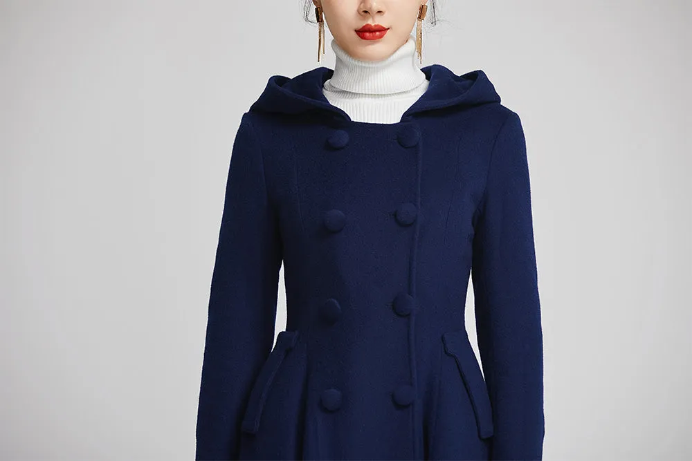 blue winter wool coat for women with double breasted 2250