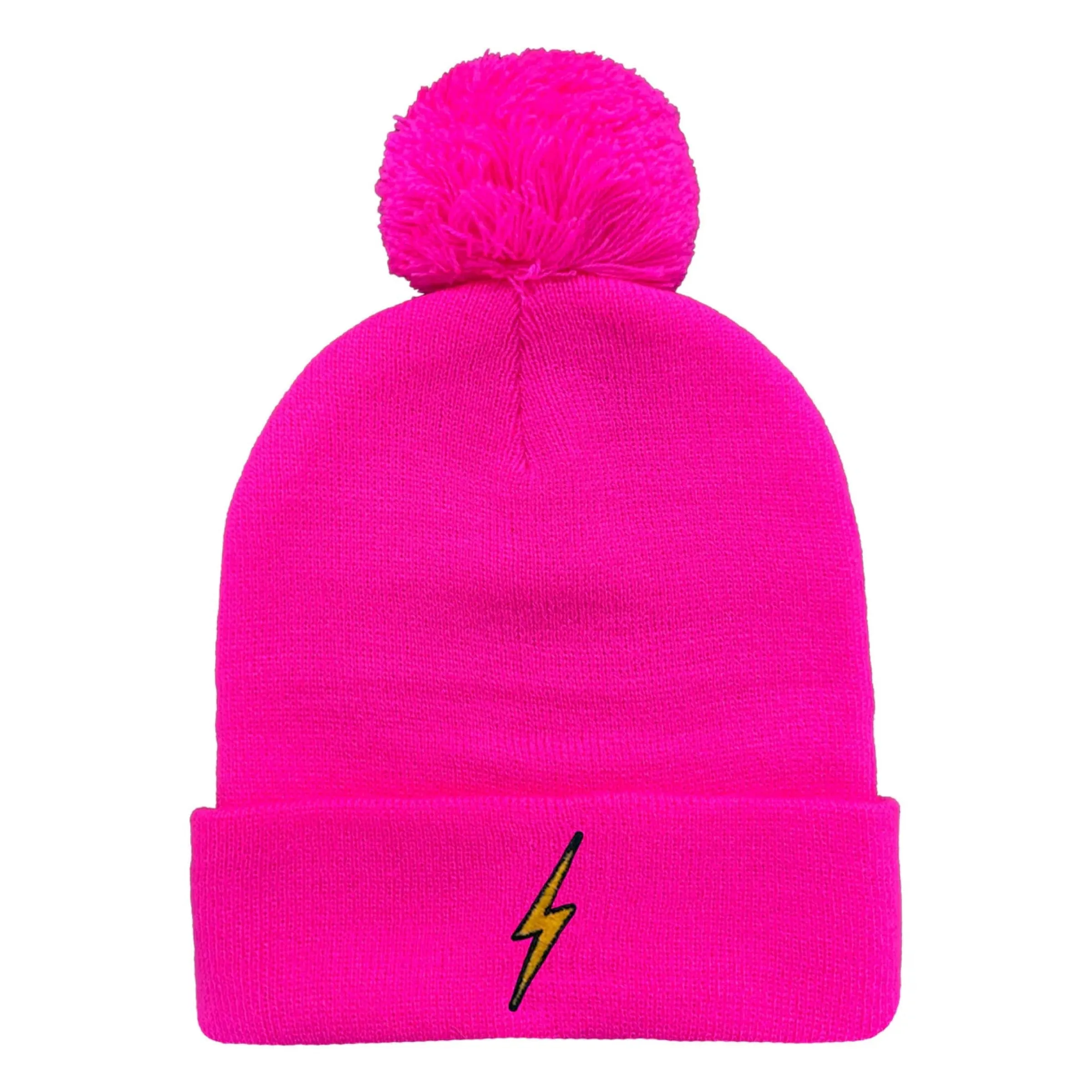 Bolt Pom Pom Rib Beanie - Neon Pink