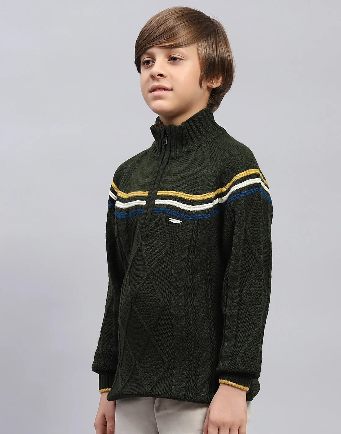 Boys Olive Self Design Turtle Neck Full Sleeve Pullover