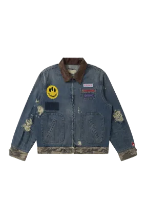 BURNIN* "Burnin for people" camouflage splicing damaged patch denim jacket