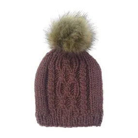 Cable Knit Fur Pom Hat, Mauve