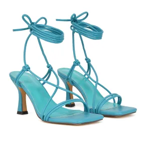 Callie Lace Up Square Toe Mid High Heel Sandals in Teal Synthetic Leather