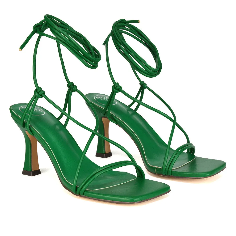 Callie Lace Up Square Toe Mid High Heel Sandals in Teal Synthetic Leather