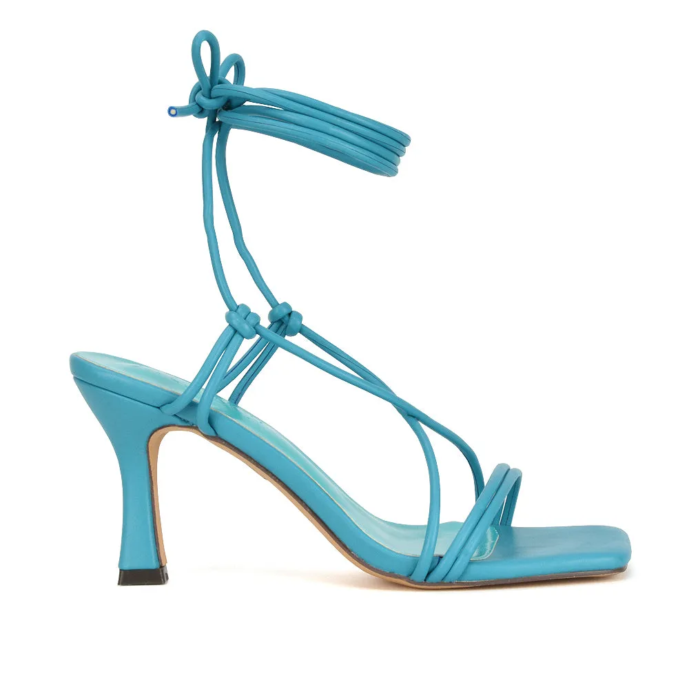 Callie Lace Up Square Toe Mid High Heel Sandals in Teal Synthetic Leather