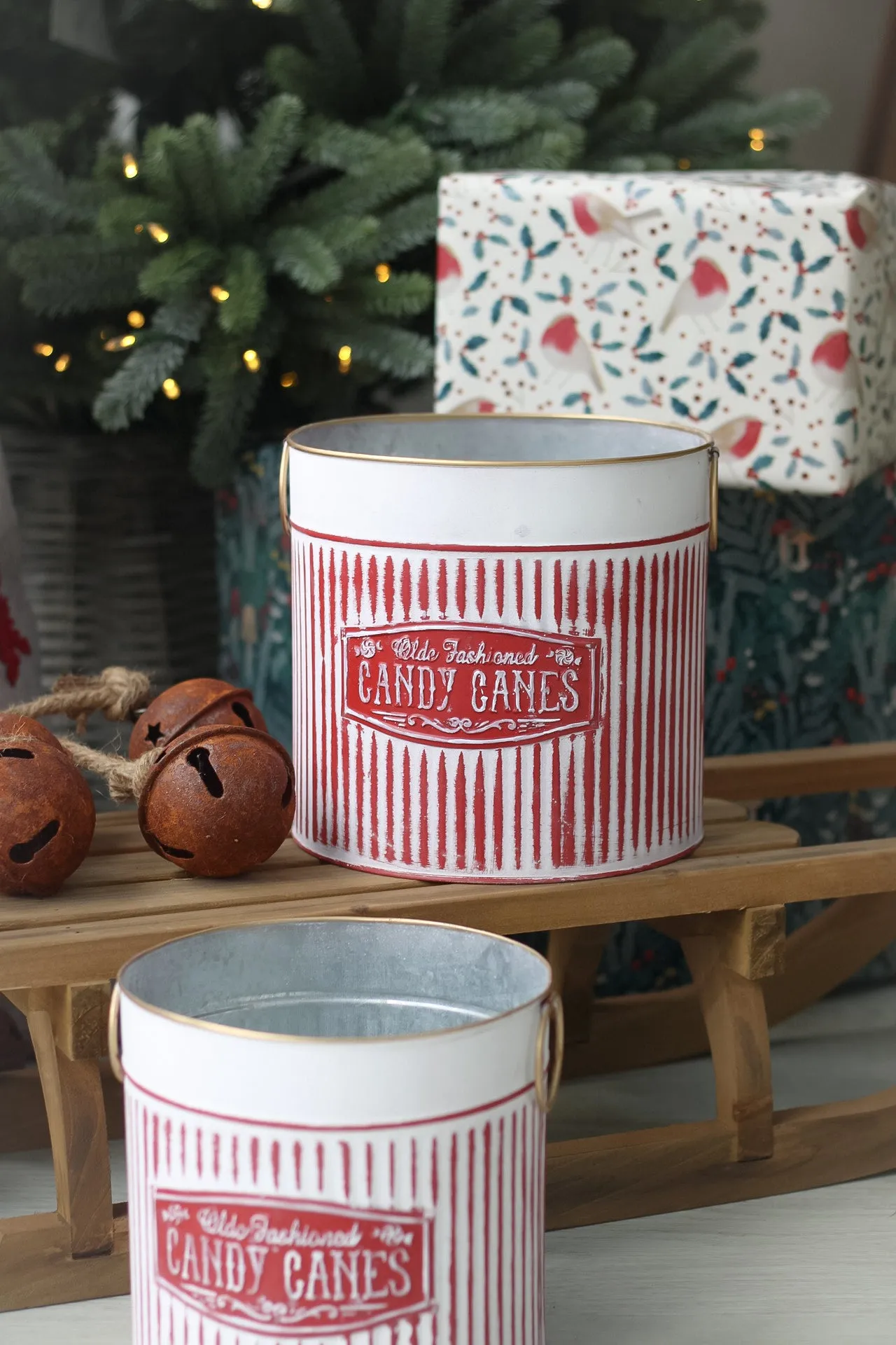 Candy Cane Metal Buckets | Set of 2