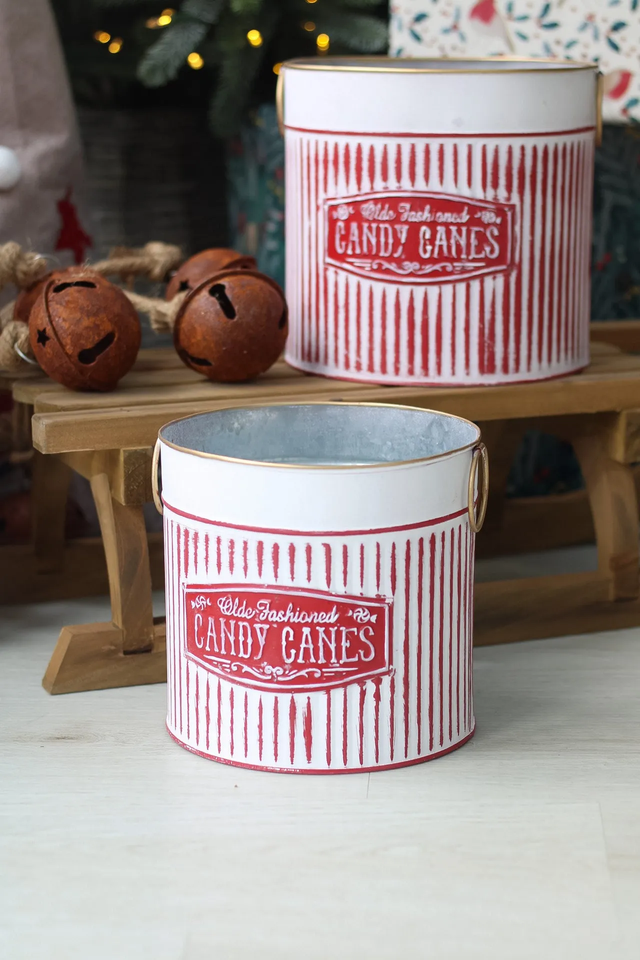 Candy Cane Metal Buckets | Set of 2