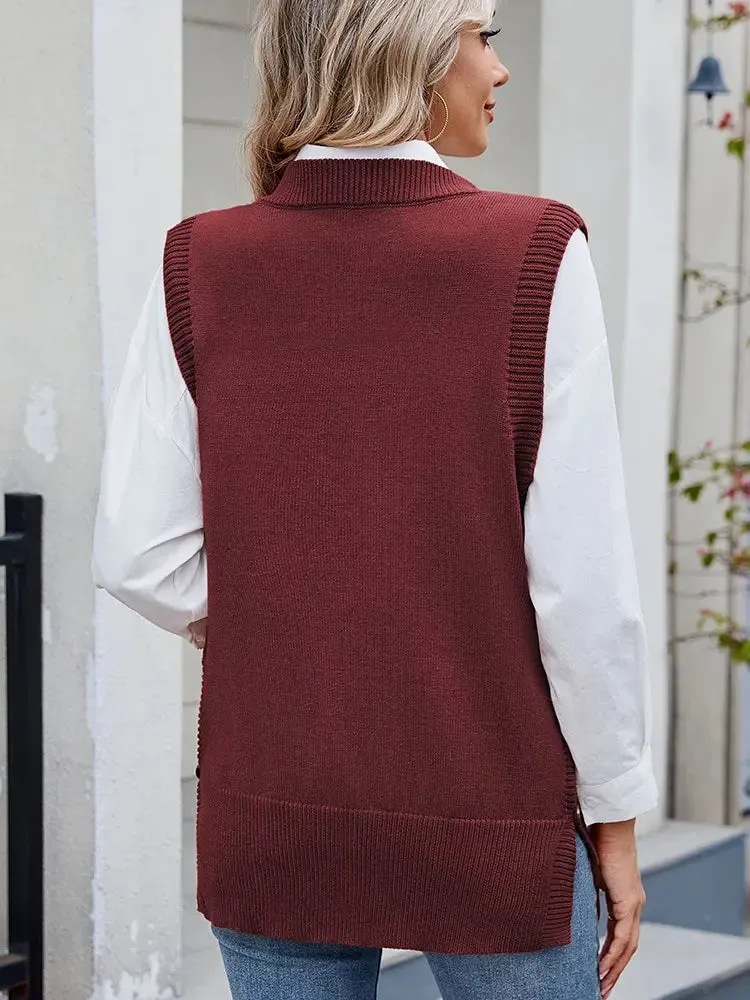 Casual Versatile Solid Button Slit Knit Sweater