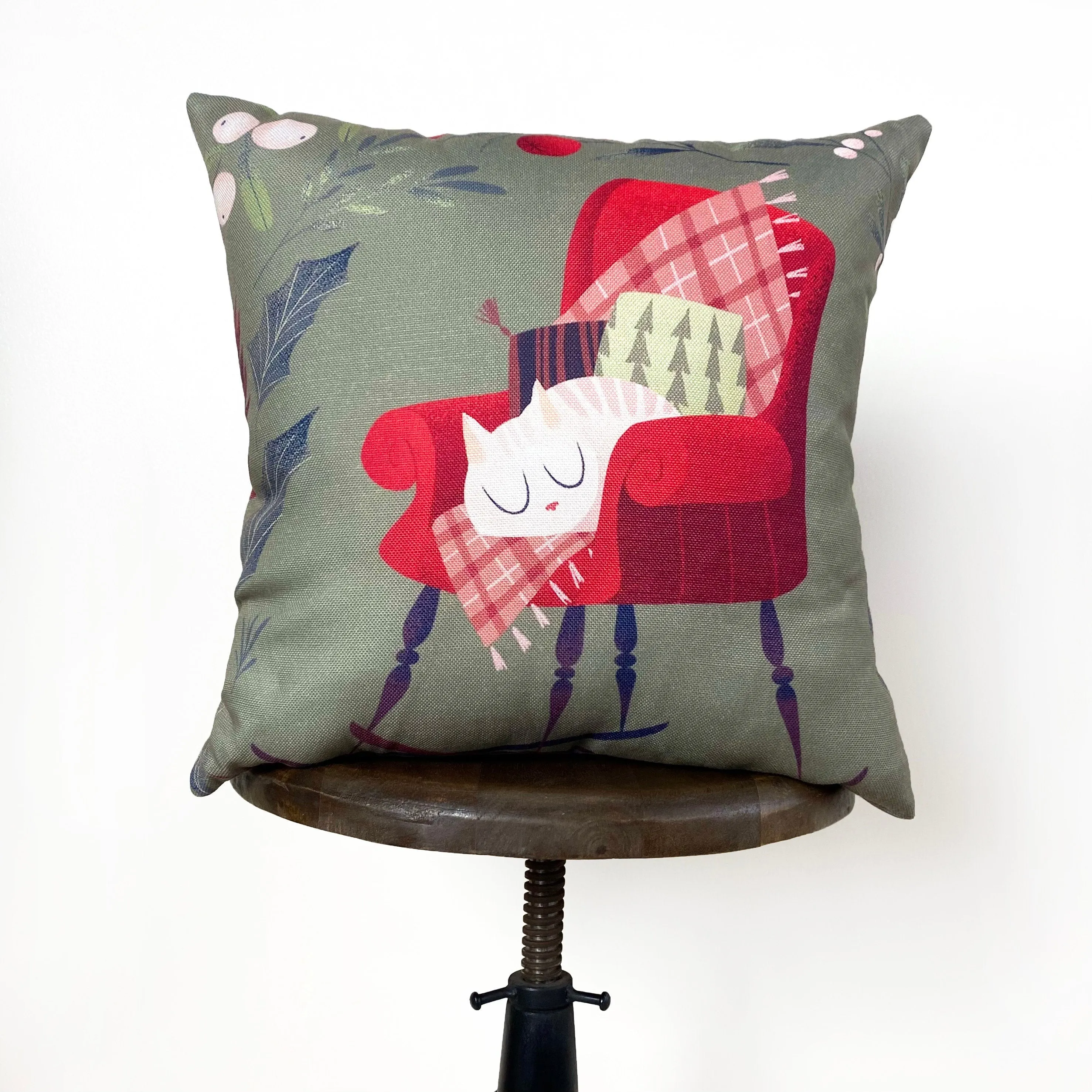 Christmas Kitty on Chair | Throw Pillow | Cute Home Decor | Christmas