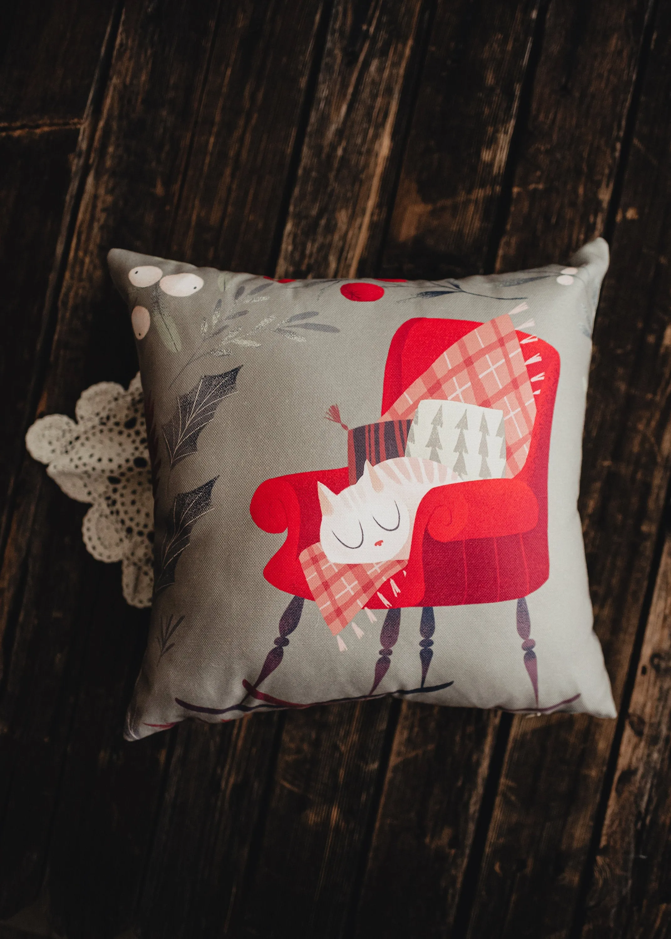 Christmas Kitty on Chair | Throw Pillow | Cute Home Decor | Christmas