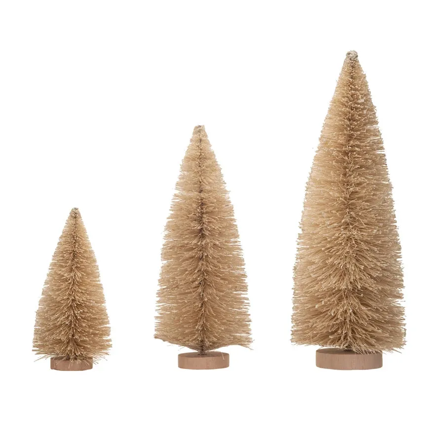 Christmas Sisal Bottle Brush Trees w/ Silver Glitter & Wood Bases | 3 ct