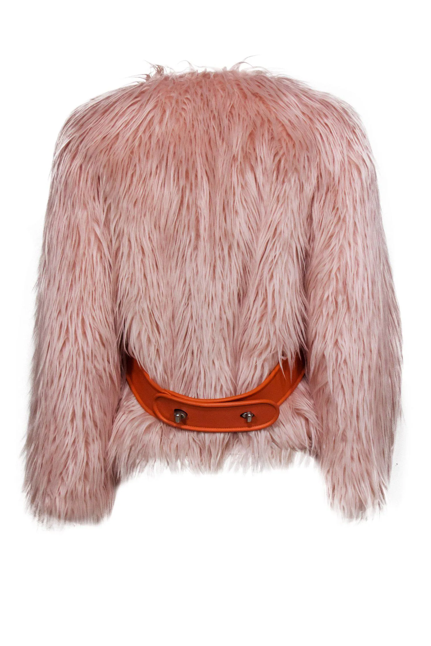 Coach - Blush Pink Faux Fur Zip-Up Jacket w/ Orange Belt Detail Sz M