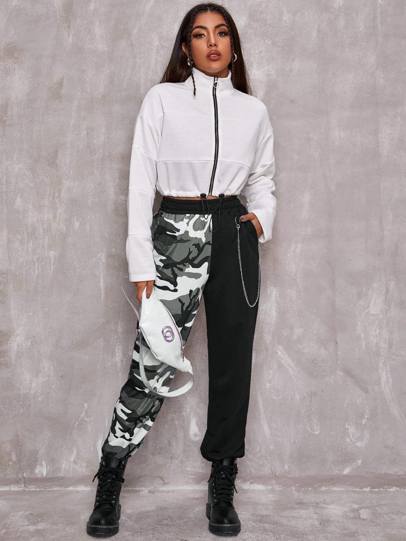 Colorblock Pocket High Waist Long Women Sweatpants