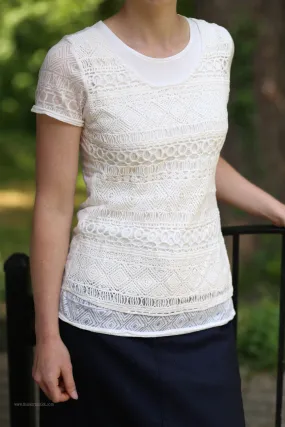 Crochet Overlay Short Sleeve Top | Modest Top in White