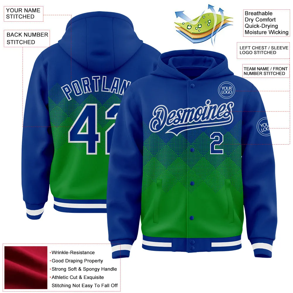 Custom Royal Grass Green-White Gradient Square Shape 3D Pattern Design Bomber Full-Snap Varsity Letterman Hoodie Jacket