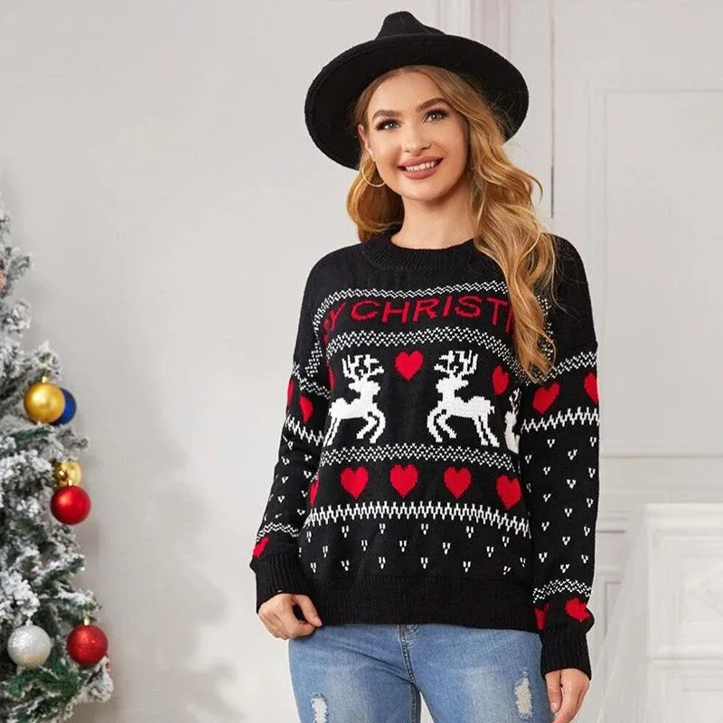 Cute Elk Heart Print Sweater - Christmas Love Deer Pullover